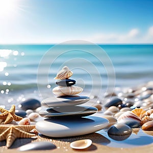 sea pebbles and shells against the backdrop of the sunny sea and beach, beautiful spa scene with Asian for relaxation,