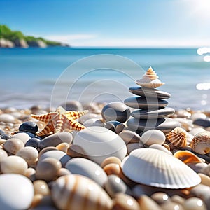sea pebbles and shells against the backdrop of the sunny sea and beach, beautiful spa scene with Asian for relaxation,