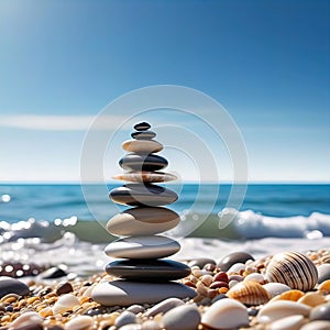 sea pebbles and shells against the backdrop of the sunny sea and beach, beautiful spa scene with Asian for relaxation,