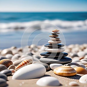 sea pebbles and shells against the backdrop of the sunny sea and beach, beautiful spa scene with Asian for relaxation,