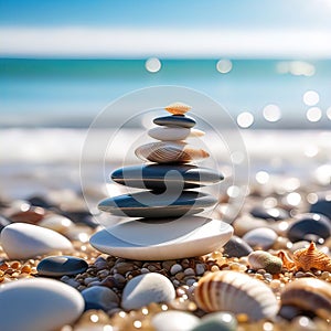 sea pebbles and shells against the backdrop of the sunny sea and beach, beautiful spa scene with Asian for relaxation,