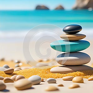 sea pebbles and shells against the backdrop of the sunny sea and beach, beautiful spa scene with Asian for relaxation,