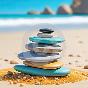 sea pebbles and shells against the backdrop of the sunny sea and beach, beautiful spa scene with Asian for relaxation,