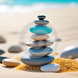 sea pebbles and shells against the backdrop of the sunny sea and beach, beautiful spa scene with Asian for relaxation,