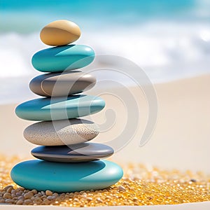 sea pebbles and shells against the backdrop of the sunny sea and beach, beautiful spa scene with Asian for relaxation,