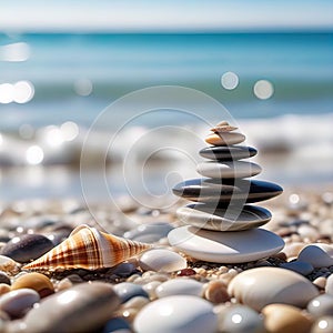 sea pebbles and shells against the backdrop of the sunny sea and beach, beautiful spa scene with Asian for relaxation,