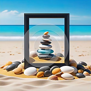 sea pebbles and shells against the backdrop of the sunny sea and beach, beautiful spa scene with Asian for relaxation,