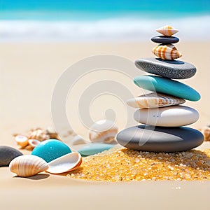 sea pebbles and shells against the backdrop of the sunny sea and beach, beautiful spa scene with Asian for relaxation,