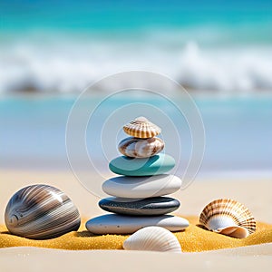 sea pebbles and shells against the backdrop of the sunny sea and beach, beautiful spa scene with Asian for relaxation,