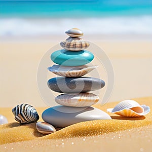 sea pebbles and shells against the backdrop of the sunny sea and beach, beautiful spa scene with Asian for relaxation,