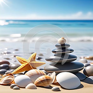 sea pebbles and shells against the backdrop of the sunny sea and beach, beautiful spa scene with Asian for relaxation,