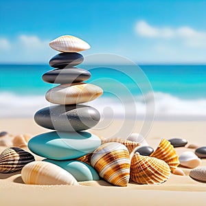 sea pebbles and shells against the backdrop of the sunny sea and beach, beautiful spa scene with Asian for relaxation,