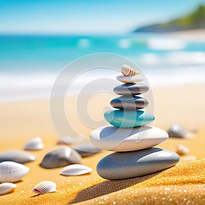 sea pebbles and shells against the backdrop of the sunny sea and beach, beautiful spa scene with Asian for relaxation,