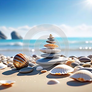 sea pebbles and shells against the backdrop of the sunny sea and beach, beautiful spa scene with Asian for relaxation,