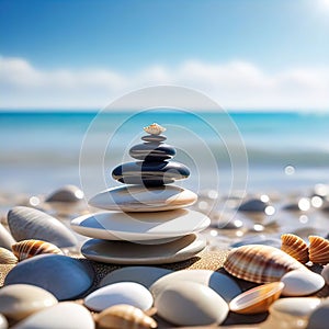 sea pebbles and shells against the backdrop of the sunny sea and beach, beautiful spa scene with Asian for relaxation,