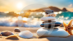 sea pebbles and shells against the backdrop of the sunny sea and beach, beautiful spa scene with Asian for relaxation,