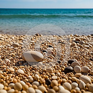 Sea pebbles and shells against the backdrop of the sunny sea and beach. Generative AI