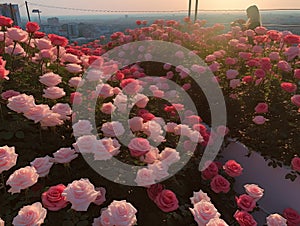 A sea of pink roses on a skyscraper rooftop flower garden at sunset. Urban flower terrace garden escape