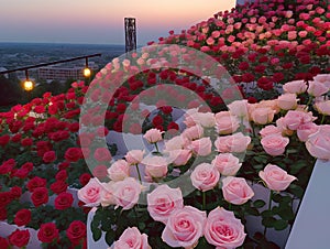 A sea of pink roses on a skyscraper rooftop flower garden at sunset. Urban flower terrace garden escape