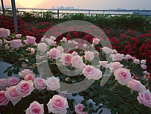 A sea of pink roses on a skyscraper rooftop flower garden at sunset. Urban flower terrace garden escape