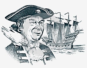 Sea Pirate. Portrait of the seaman hook against the background of sailboat. Marine sailor. Travel by ship or boat