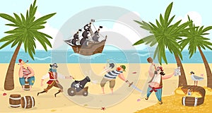 Sea pirates fight and drink rum on island, buccaneers cartoon characters flat vector illustration with treasure