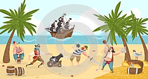 Sea pirates fight and drink rum on island, buccaneers cartoon characters flat vector illustration with treasure photo