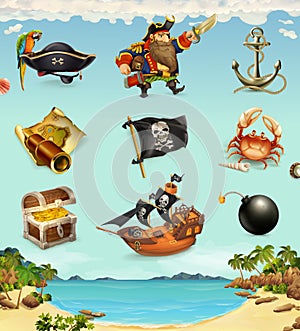 Sea pirates, funny character and objects
