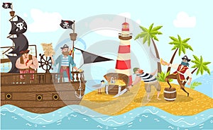 Sea pirates on piratical ship, buccaneers cartoon characters flat vector illustration with treasure island adventure. photo