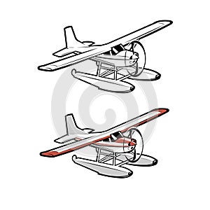 Sea plane vector art illustration isolated in white background. Small amphibious plane vector art monochrome and color vector