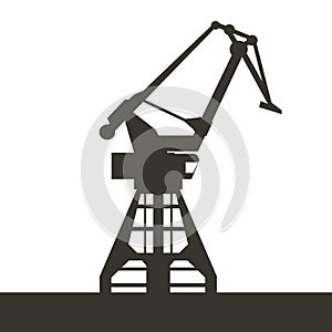 Sea port crane icon for your design. Black color silhouette of crane. Vector illustration.