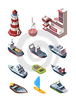 Sea port isometric transport set. Port building lighthouse buoy cargo tanker research vessel, rescue boat pleasure speed