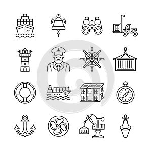 Sea port line vector icon set. Shipping industry collection with ship, captain, container, bell, anchor, crane, reach stacker,