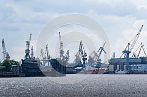 Many cranes and ships on the dock
