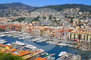 Sea port of Nice city, France. Tilt-shift effect