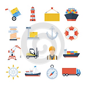 Sea port set of vector icons in a flat style