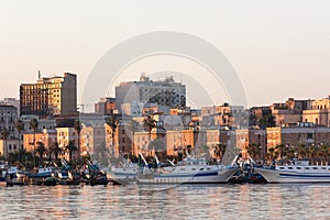 Sea port. Ships and boats at dawn