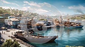 Sea port. Ships and boats are moored to shore of home harbor of old town. Generative AI