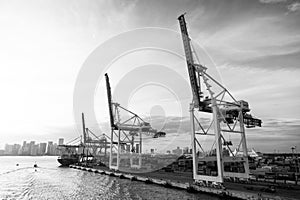 Sea port, terminal or dock. Maritime container port with cargo ship, cranes. Freight, shipping, delivery, logistics