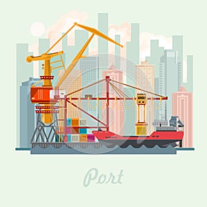 Sea port vector illustration. Urban landscape. Ocean ship. Transportation concept.