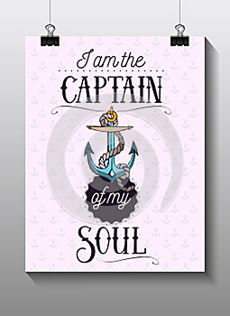 Sea poster with anchor and hand drawn lettering for T-shirt