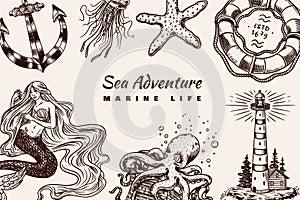 Sea Poster. Nautical banner or background. Lighthouse, mermaid and marine captain, octopus and shipping sail, old sailor
