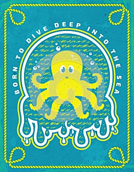 Sea poster. Vector emblem with octopus.