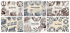 Sea Posters set. Nautical banners or backgrounds. Lighthouse, mermaid and marine captain, octopus and shipping sail, old