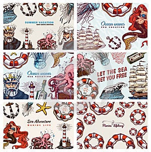 Sea Posters set. Nautical banners or backgrounds. Lighthouse, mermaid and marine captain, octopus and shipping sail, old