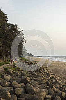 A sea promenade and tsunami barrier against a sandy beach, green trees and the ocean