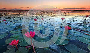 The sea of red lotus, Lake Nong Harn, Udon Thani, Thailand