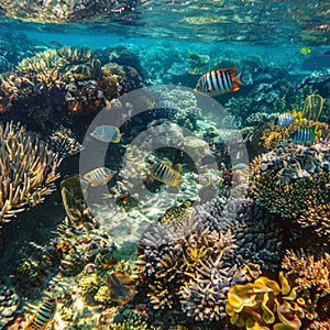 Sea Reef Snorkeling, Multicolored Coral and Fishes, Tropical Undersea Wildlife, Coral Fish