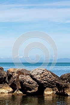 Sea and rock background. Rock and blue sea with clear sky. Seaside travel destination background image. Clear blue sea and blue