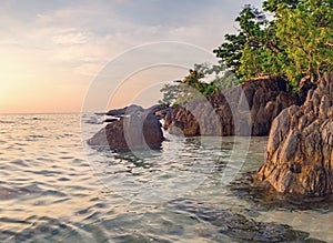 Sea and rock at the sunset. Nature composition.